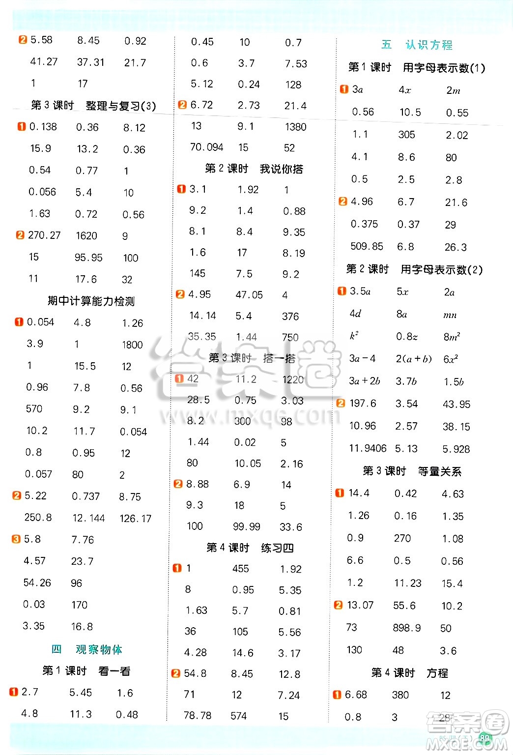 江西教育出版社2025年春陽光同學(xué)計算小達人四年級數(shù)學(xué)下冊北師大版四川專版答案