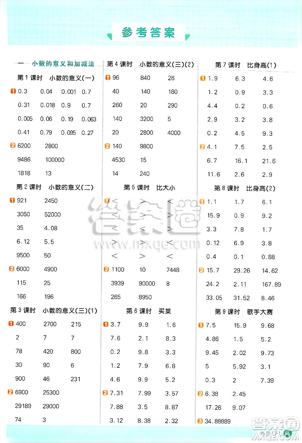 江西教育出版社2025年春陽光同學(xué)計算小達人四年級數(shù)學(xué)下冊北師大版四川專版答案