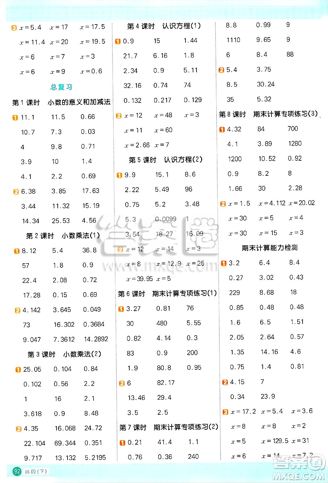 江西教育出版社2025年春陽光同學(xué)計算小達人四年級數(shù)學(xué)下冊北師大版四川專版答案