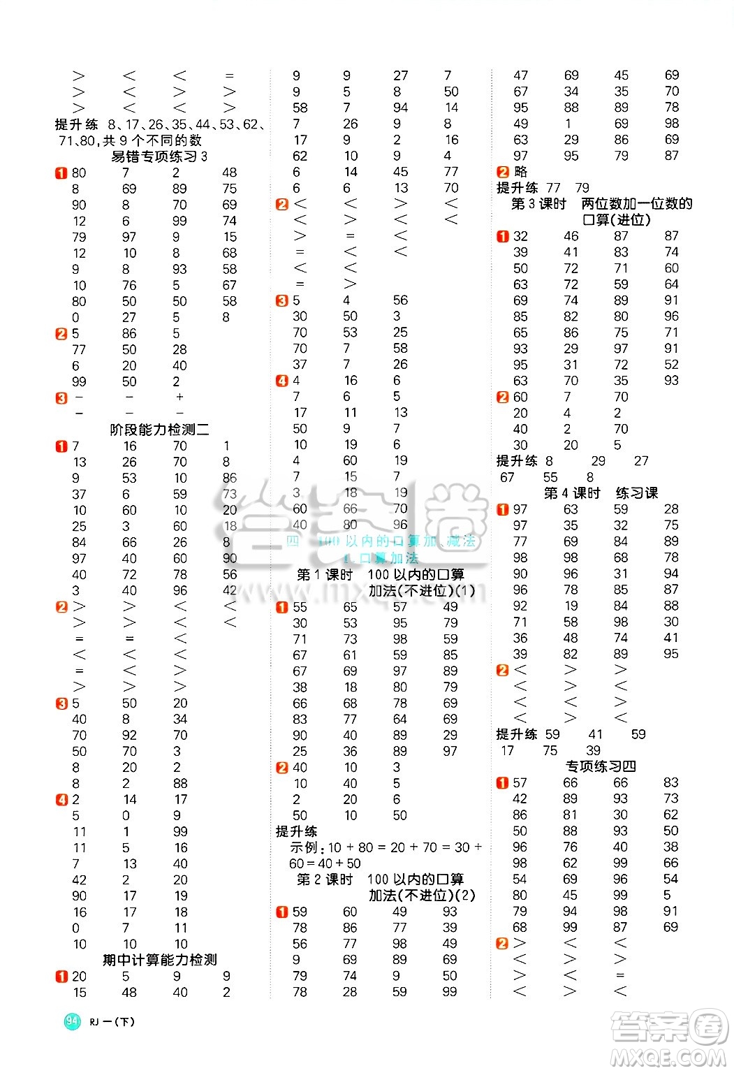 江西教育出版社2025年春陽光同學(xué)計(jì)算小達(dá)人一年級數(shù)學(xué)下冊人教版答案