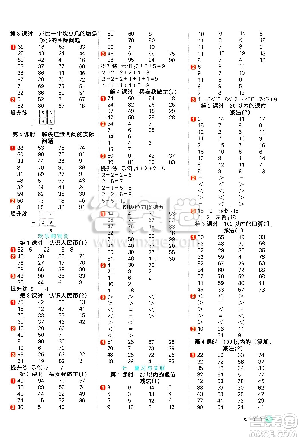 江西教育出版社2025年春陽光同學(xué)計(jì)算小達(dá)人一年級數(shù)學(xué)下冊人教版答案