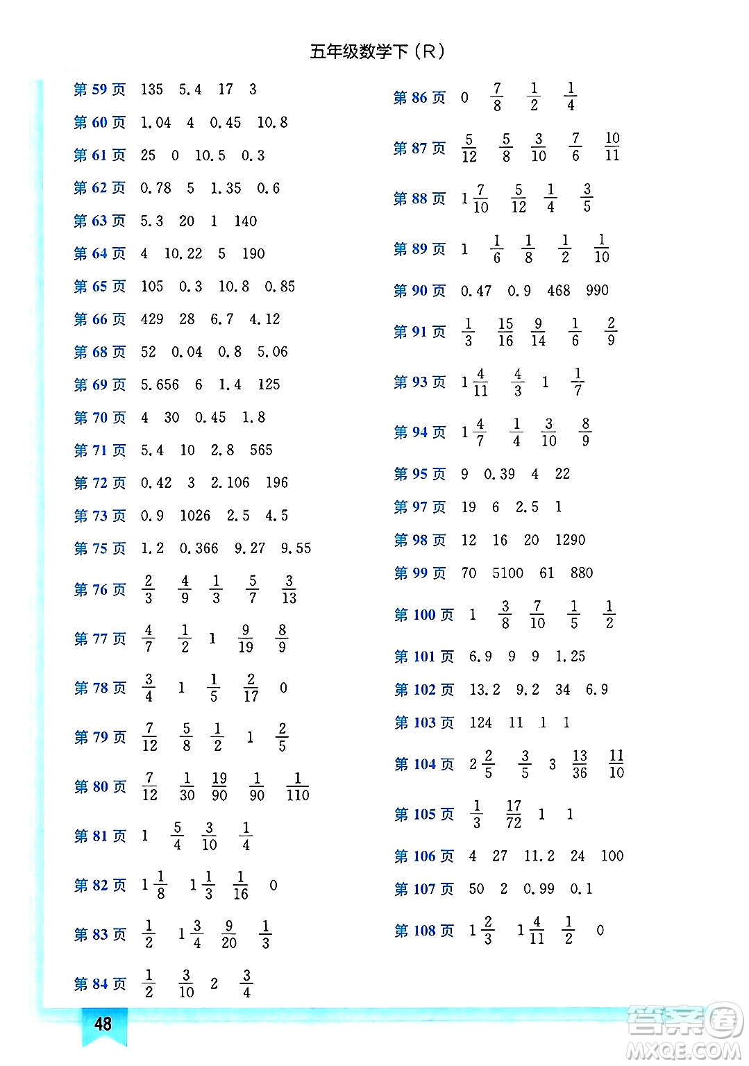 龍門書局2025年春黃岡小狀元作業(yè)本五年級數(shù)學(xué)下冊人教版答案