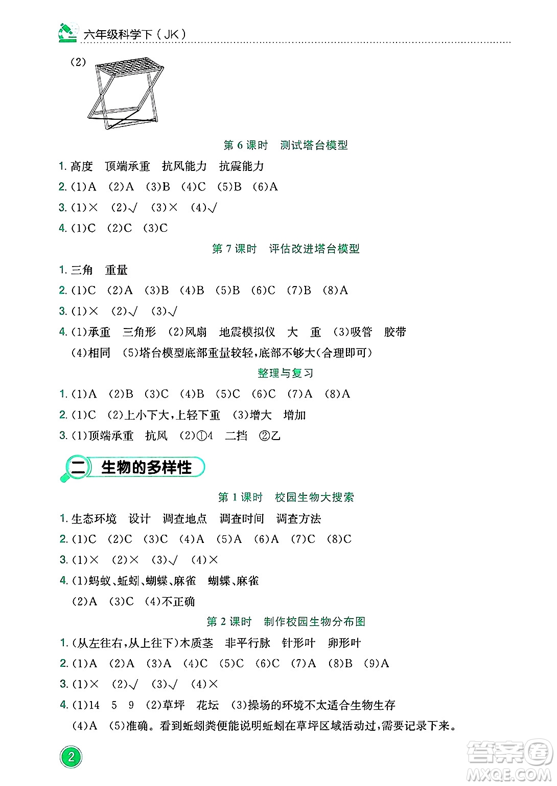 龍門書局2025年春黃岡小狀元作業(yè)本六年級科學下冊教科版答案