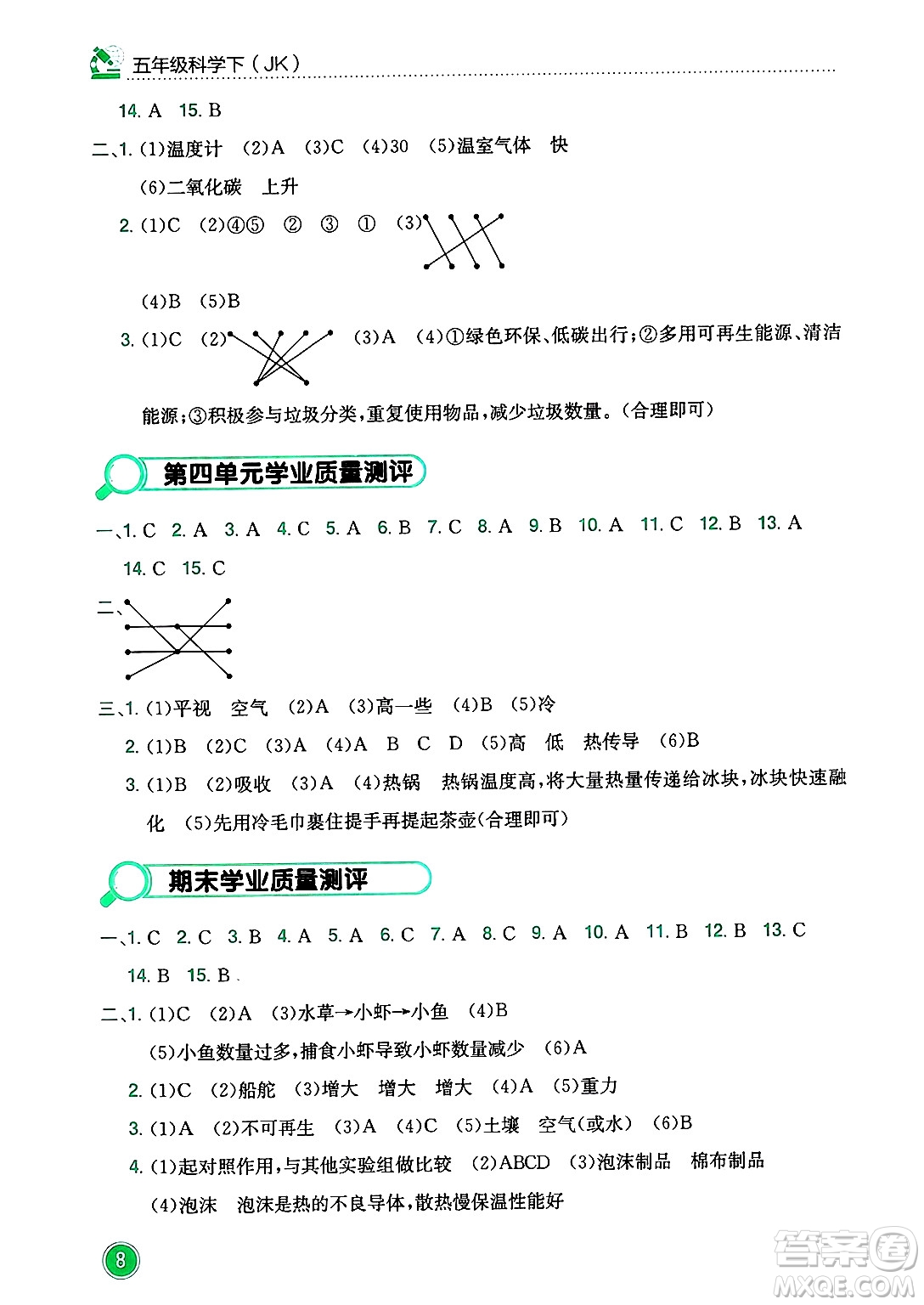 龍門書局2025年春黃岡小狀元作業(yè)本五年級科學(xué)下冊教科版答案