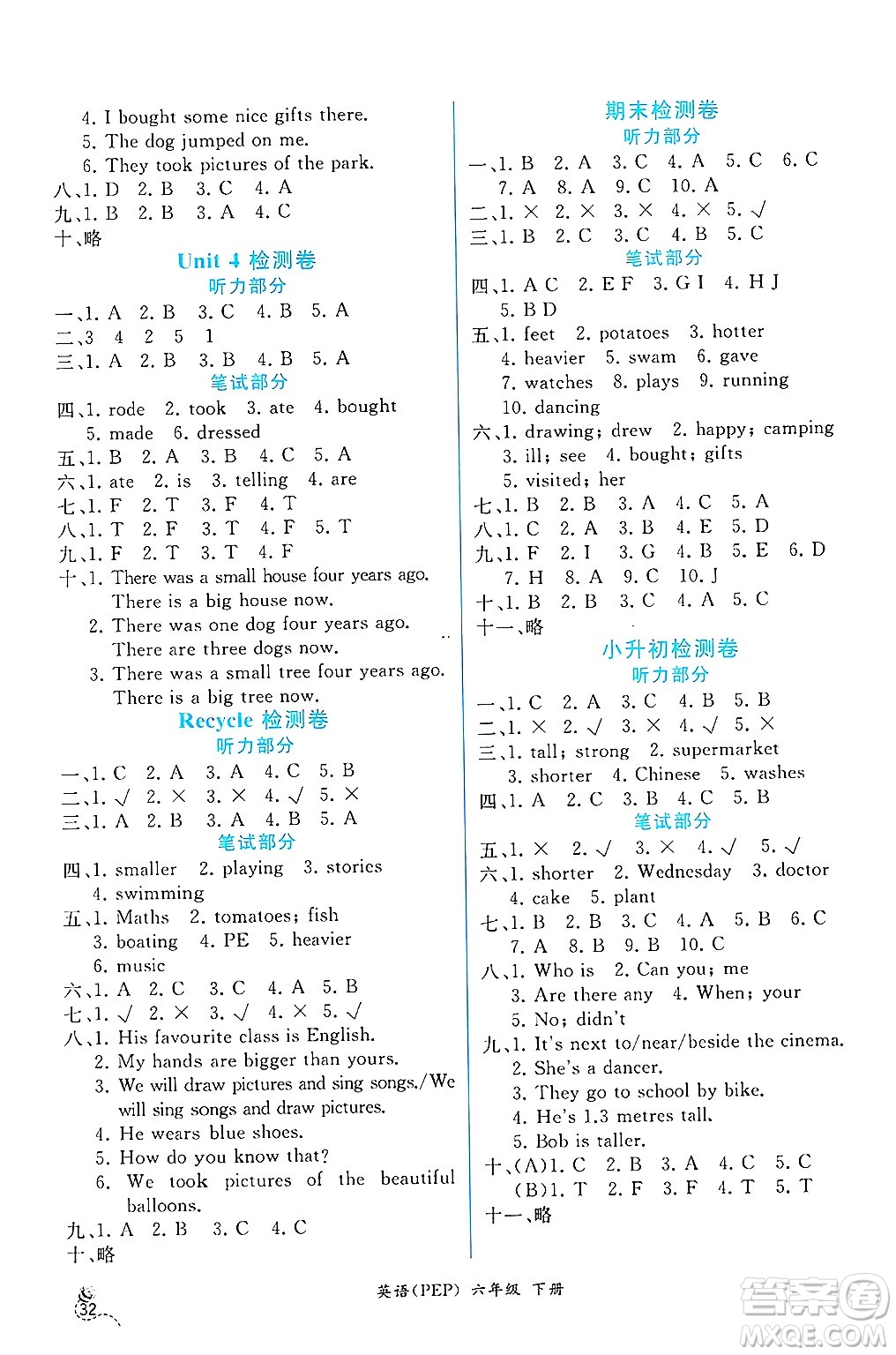 人民教育出版社2025年春人教金學(xué)典同步練習(xí)冊(cè)同步解析與測(cè)評(píng)六年級(jí)英語(yǔ)下冊(cè)人教PEP版云南專(zhuān)版答案