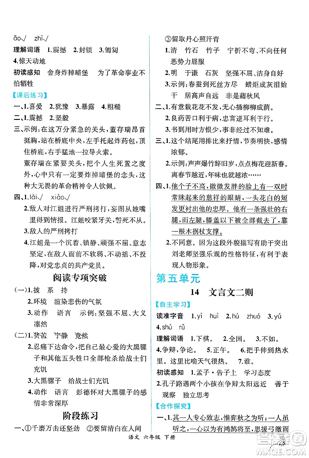 人民教育出版社2025年春人教金學(xué)典同步練習(xí)冊(cè)同步解析與測(cè)評(píng)六年級(jí)語(yǔ)文下冊(cè)人教版云南專版答案