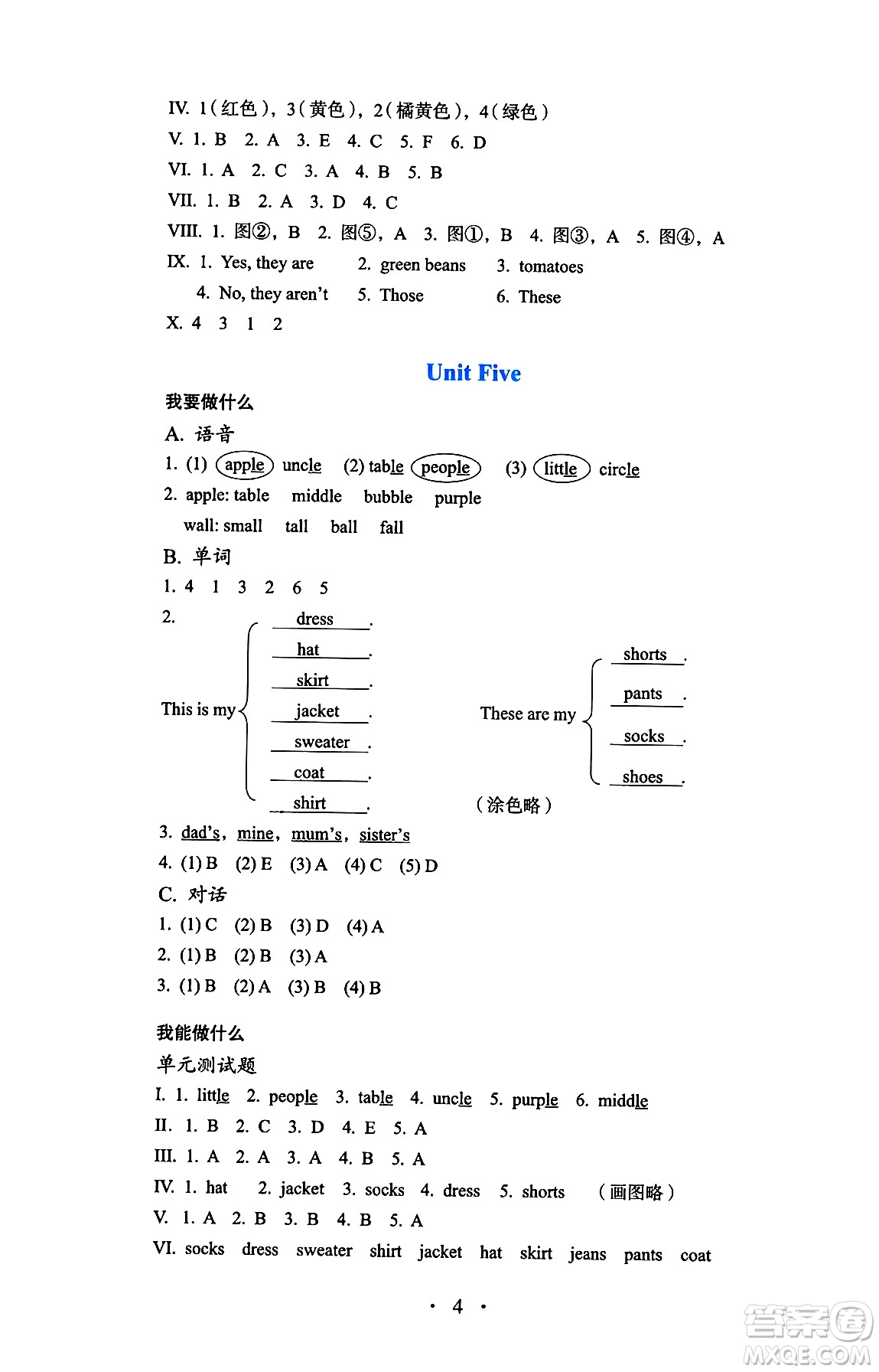 人民教育出版社2025年春人教金學(xué)典同步練習(xí)冊同步解析與測評(píng)四年級(jí)英語下冊人教PEP版三起點(diǎn)答案