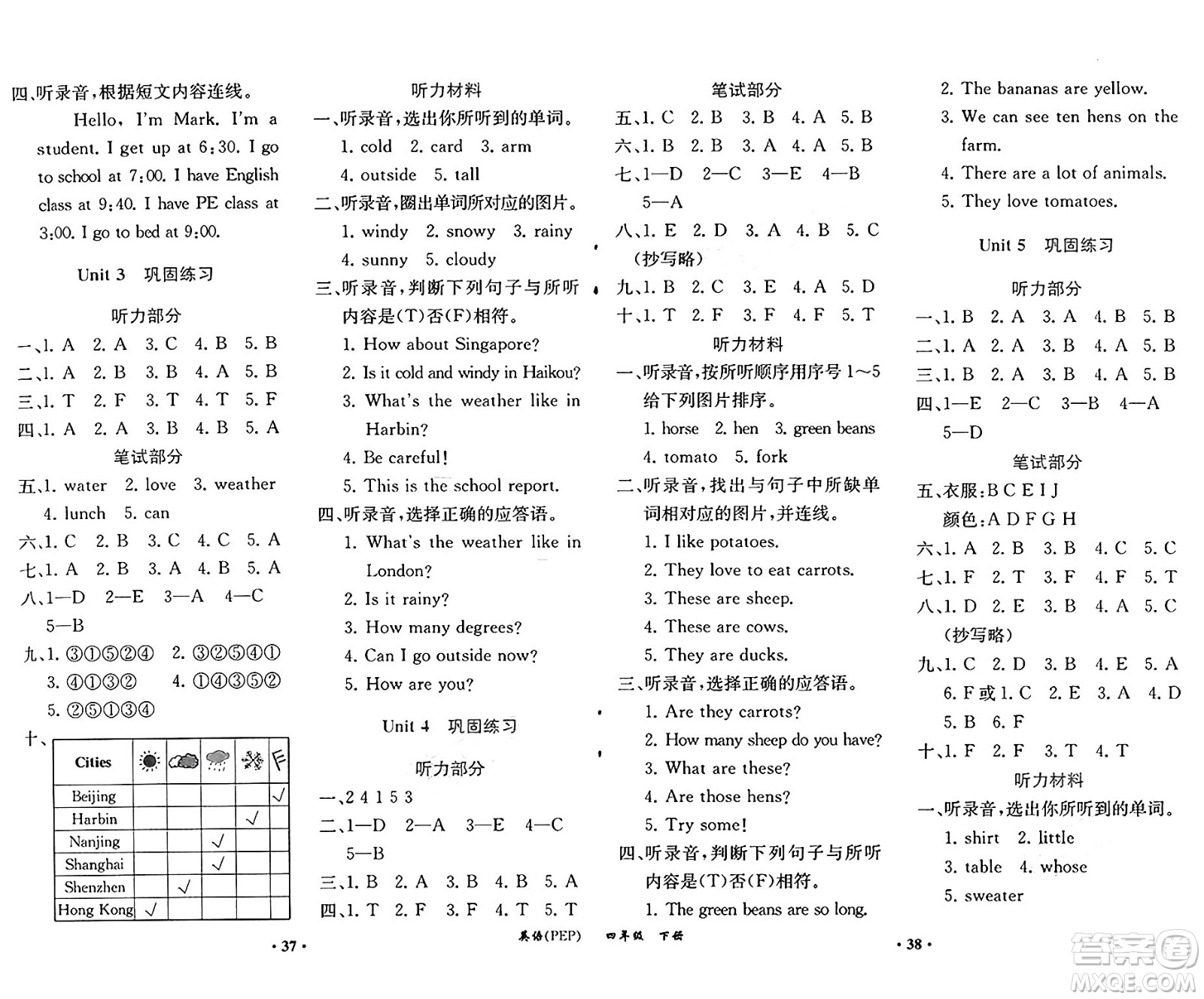 人民教育出版社2025年春勝券在握同步練習(xí)冊同步解析與測評課堂鞏固練習(xí)四年級英語下冊人教PEP版重慶專版答案