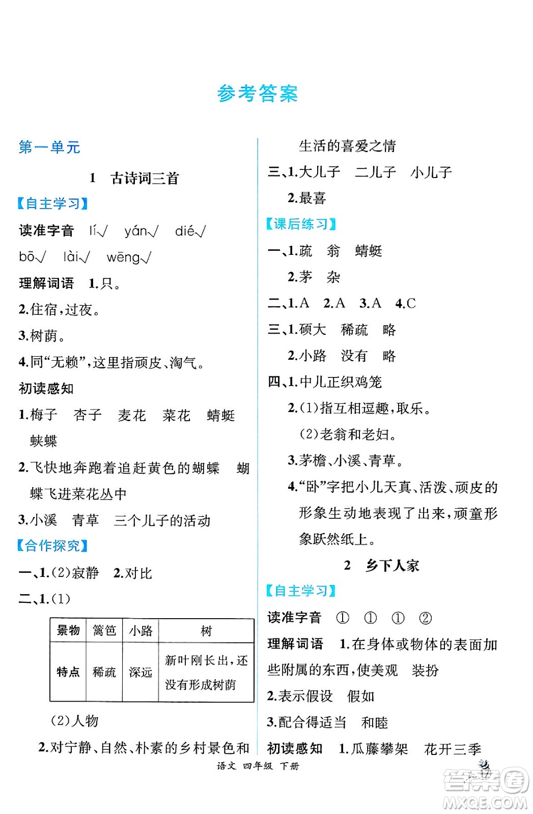 人民教育出版社2025年春人教金學(xué)典同步練習(xí)冊(cè)同步解析與測(cè)評(píng)四年級(jí)語(yǔ)文下冊(cè)人教版云南專版答案
