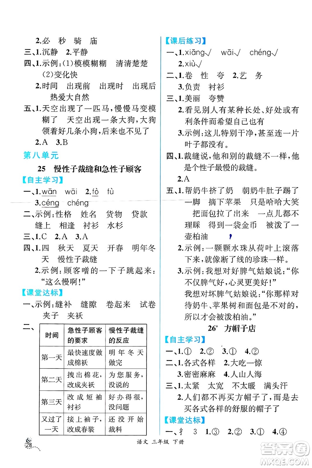 人民教育出版社2025年春人教金學(xué)典同步練習(xí)冊同步解析與測評三年級語文下冊人教版云南專版答案