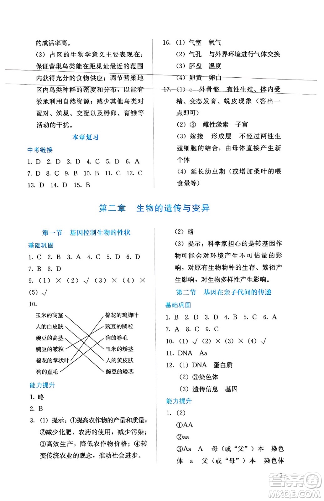 人民教育出版社2025年春人教金學(xué)典同步練習(xí)冊(cè)同步解析與測(cè)評(píng)八年級(jí)生物下冊(cè)人教版山西專版答案