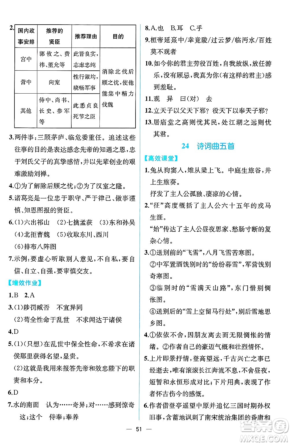 人民教育出版社2025年春人教金學典同步練習冊同步解析與測評九年級語文下冊人教版云南專版答案