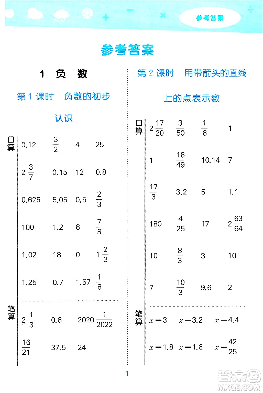 山東教育出版社2025秋小兒郎小學(xué)口算大通關(guān)六年級數(shù)學(xué)下冊人教版答案