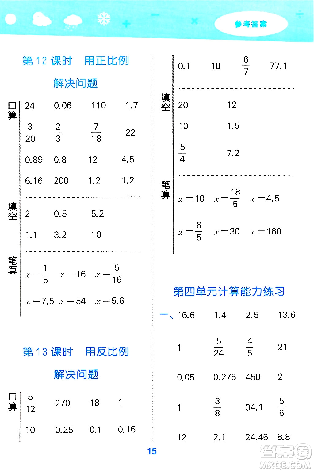 山東教育出版社2025秋小兒郎小學(xué)口算大通關(guān)六年級數(shù)學(xué)下冊人教版答案