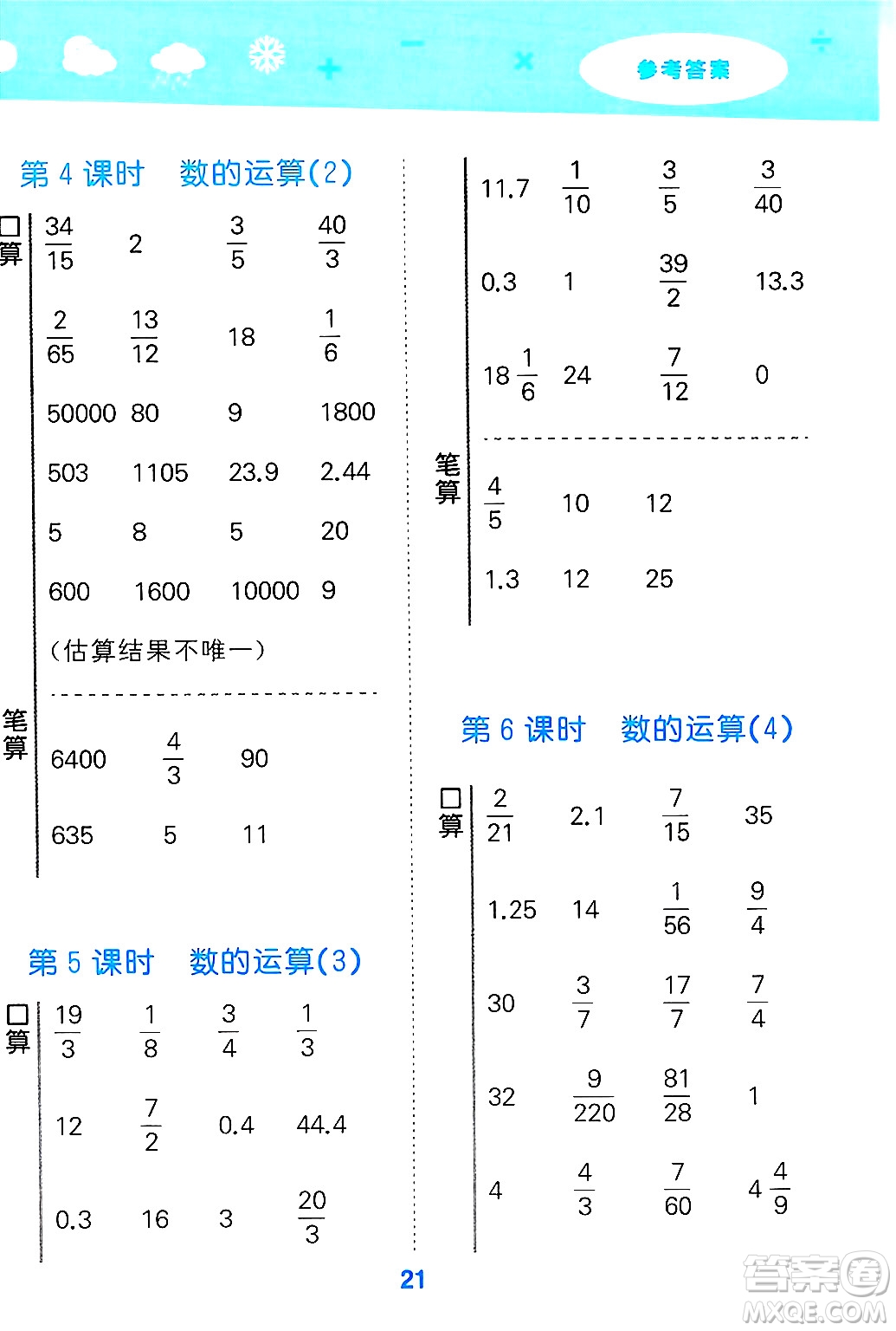 山東教育出版社2025秋小兒郎小學(xué)口算大通關(guān)六年級數(shù)學(xué)下冊人教版答案