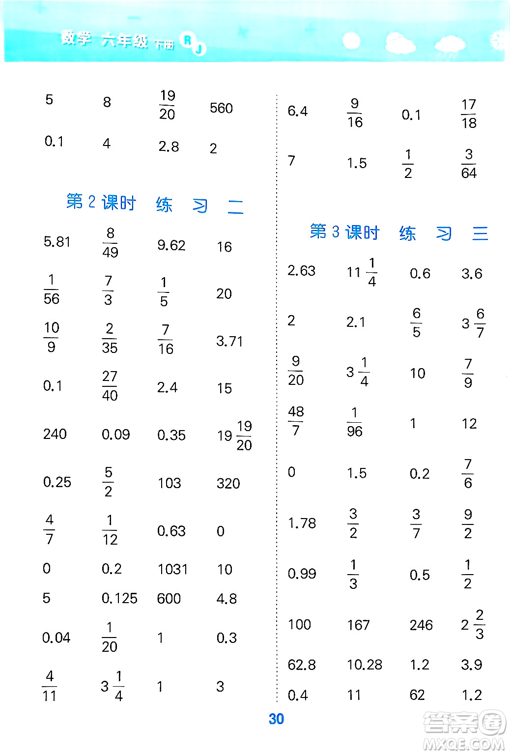 山東教育出版社2025秋小兒郎小學(xué)口算大通關(guān)六年級數(shù)學(xué)下冊人教版答案