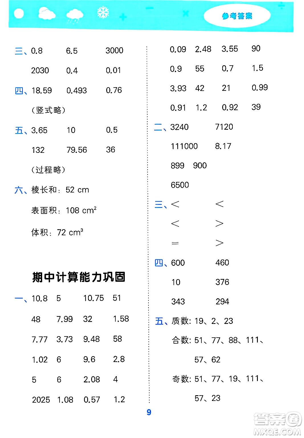 山東教育出版社2025秋小兒郎小學口算大通關(guān)五年級數(shù)學下冊人教版答案