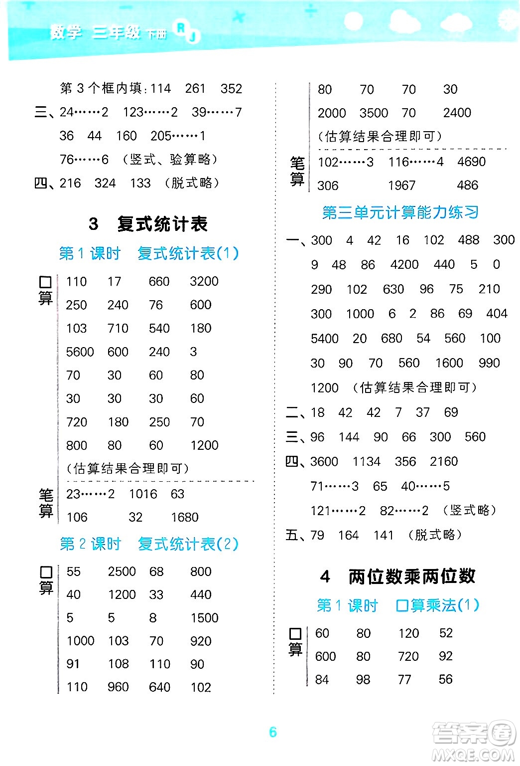 山東教育出版社2025秋小兒郎小學(xué)口算大通關(guān)三年級(jí)數(shù)學(xué)下冊(cè)人教版答案