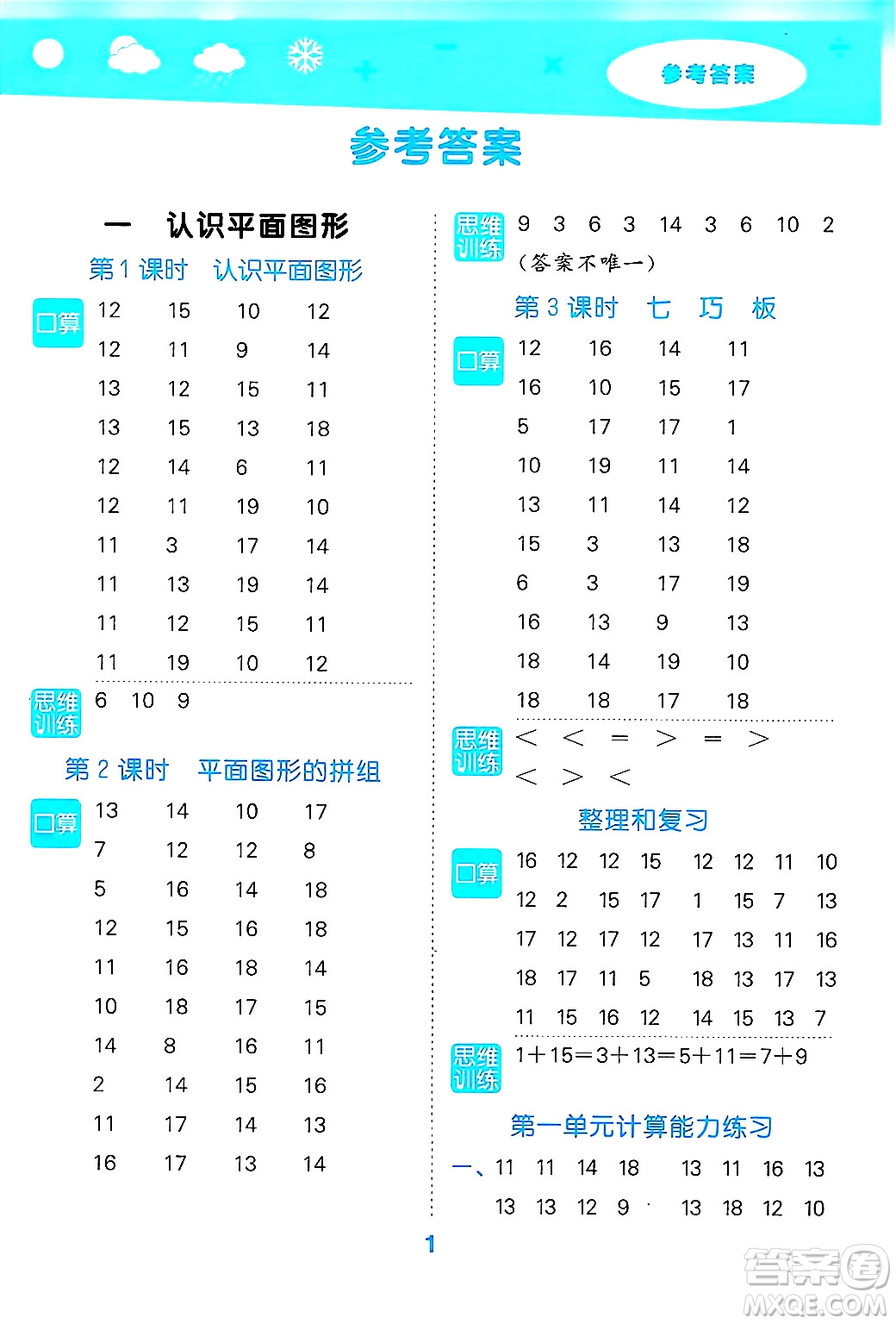 山東教育出版社2025秋小兒郎小學(xué)口算大通關(guān)一年級(jí)數(shù)學(xué)下冊(cè)人教版答案