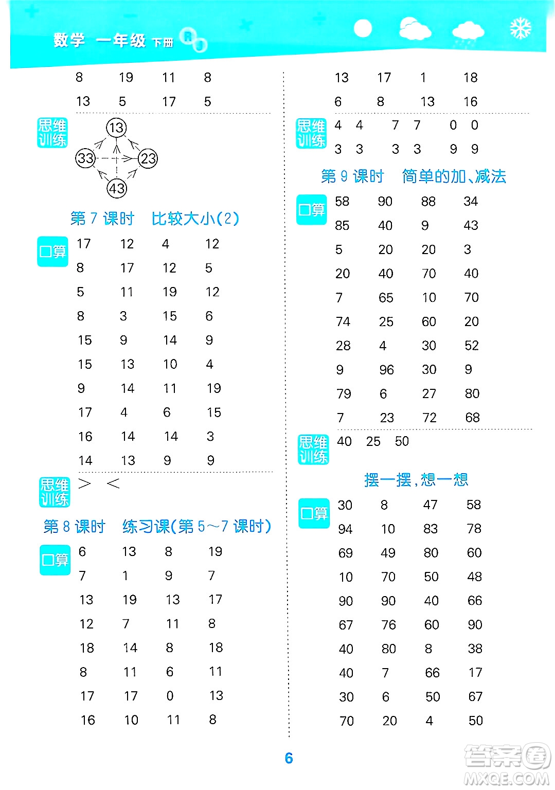 山東教育出版社2025秋小兒郎小學(xué)口算大通關(guān)一年級(jí)數(shù)學(xué)下冊(cè)人教版答案
