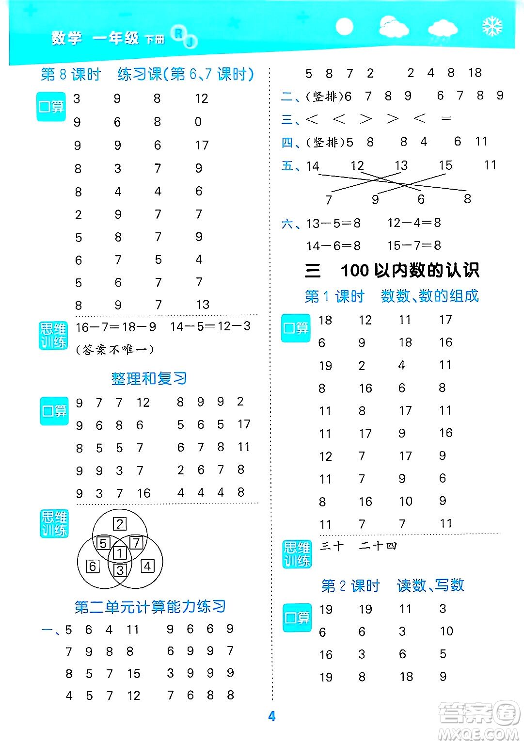 山東教育出版社2025秋小兒郎小學(xué)口算大通關(guān)一年級(jí)數(shù)學(xué)下冊(cè)人教版答案
