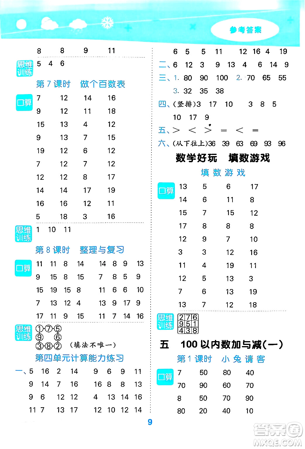 地質(zhì)出版社2025年春小兒郎小學(xué)口算大通關(guān)一年級數(shù)學(xué)下冊北師大版答案