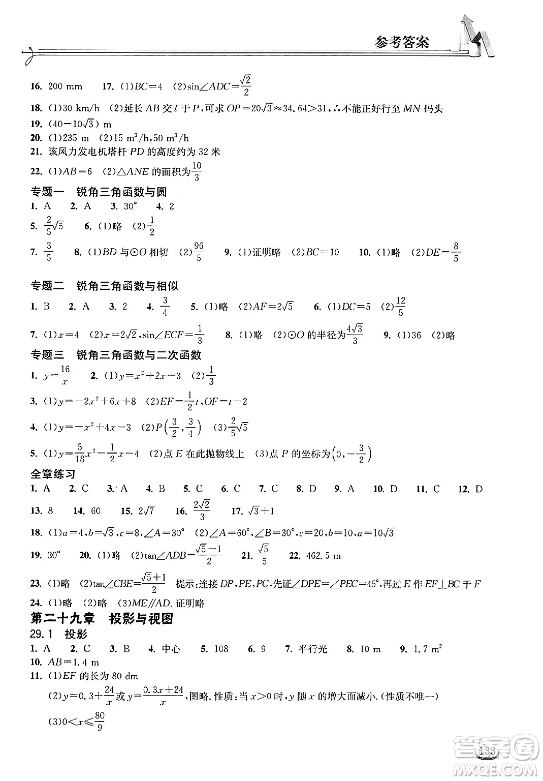 湖北教育出版社2025年春長江作業(yè)本同步練習(xí)冊九年級數(shù)學(xué)下冊人教版答案