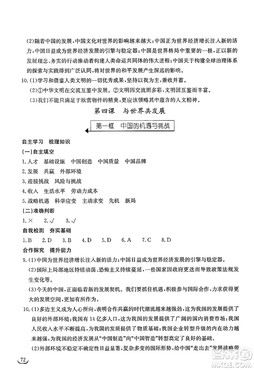 湖北教育出版社2025年春長江作業(yè)本同步練習冊九年級道德與法治下冊人教版答案