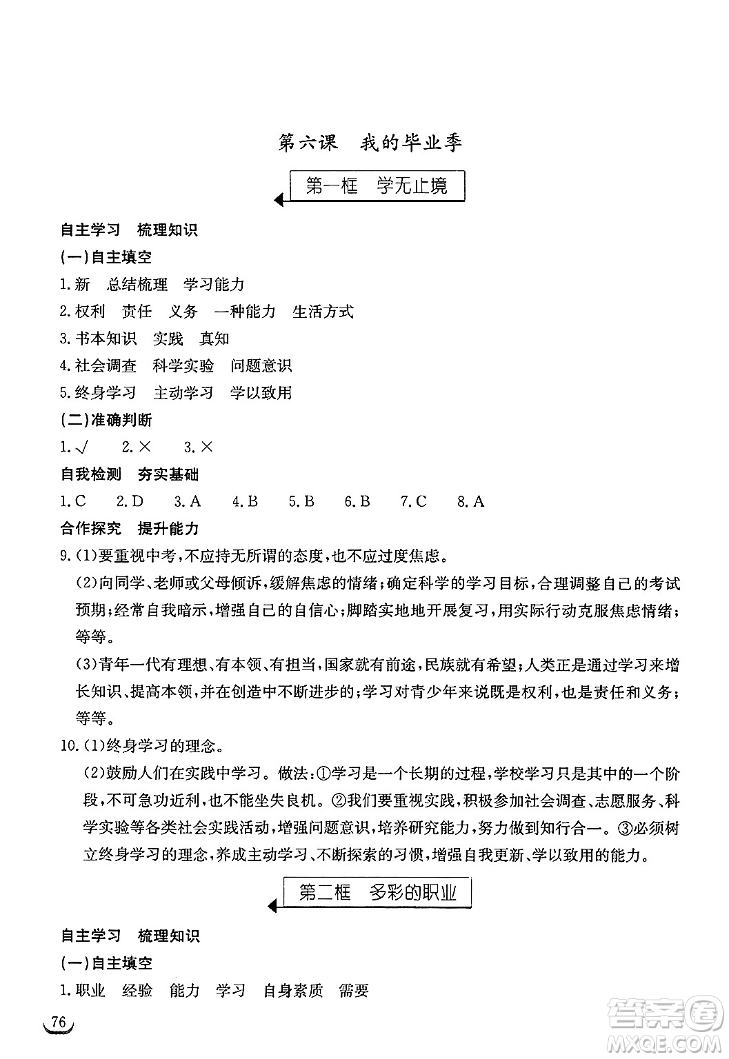 湖北教育出版社2025年春長江作業(yè)本同步練習冊九年級道德與法治下冊人教版答案