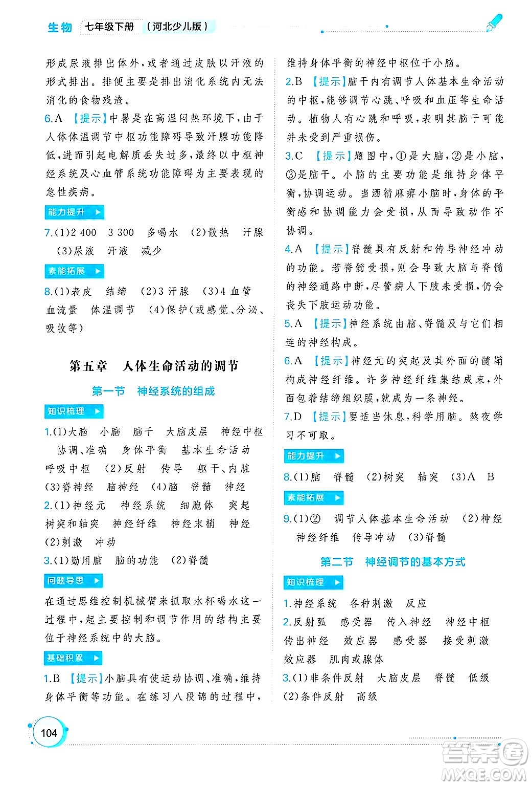 廣西師范大學出版社2025年春新課程學習與測評同步學習七年級生物下冊冀少版答案