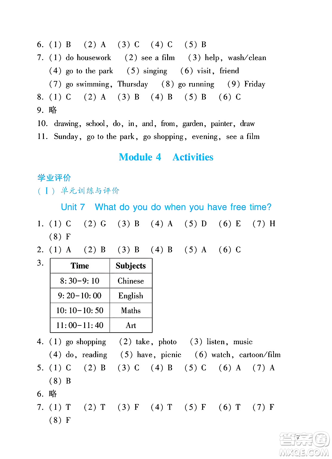 廣州出版社2025年春陽光學(xué)業(yè)評價四年級英語下冊教科版答案