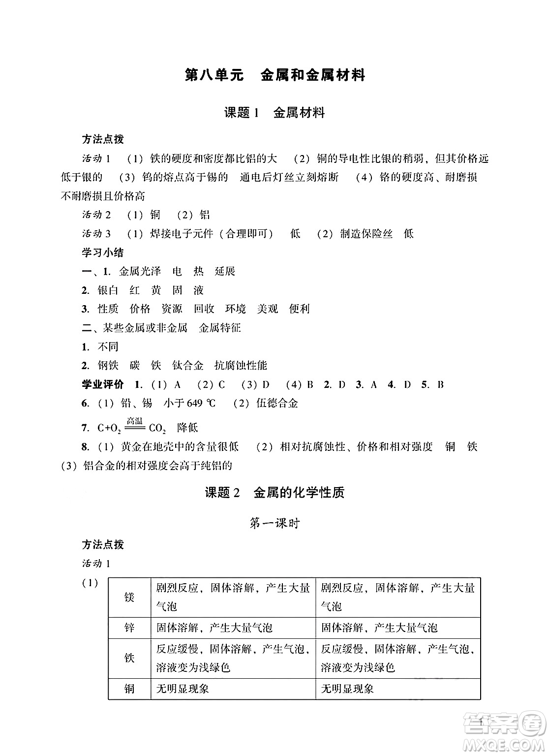 廣州出版社2025年春陽光學(xué)業(yè)評價(jià)九年級化學(xué)下冊人教版答案