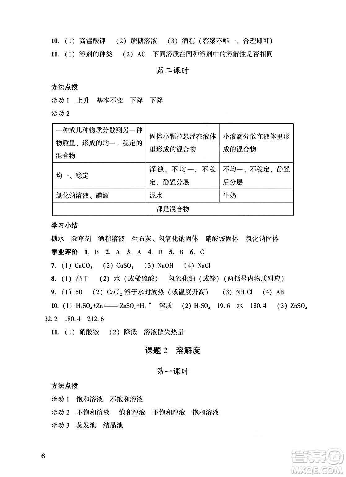 廣州出版社2025年春陽光學(xué)業(yè)評價(jià)九年級化學(xué)下冊人教版答案