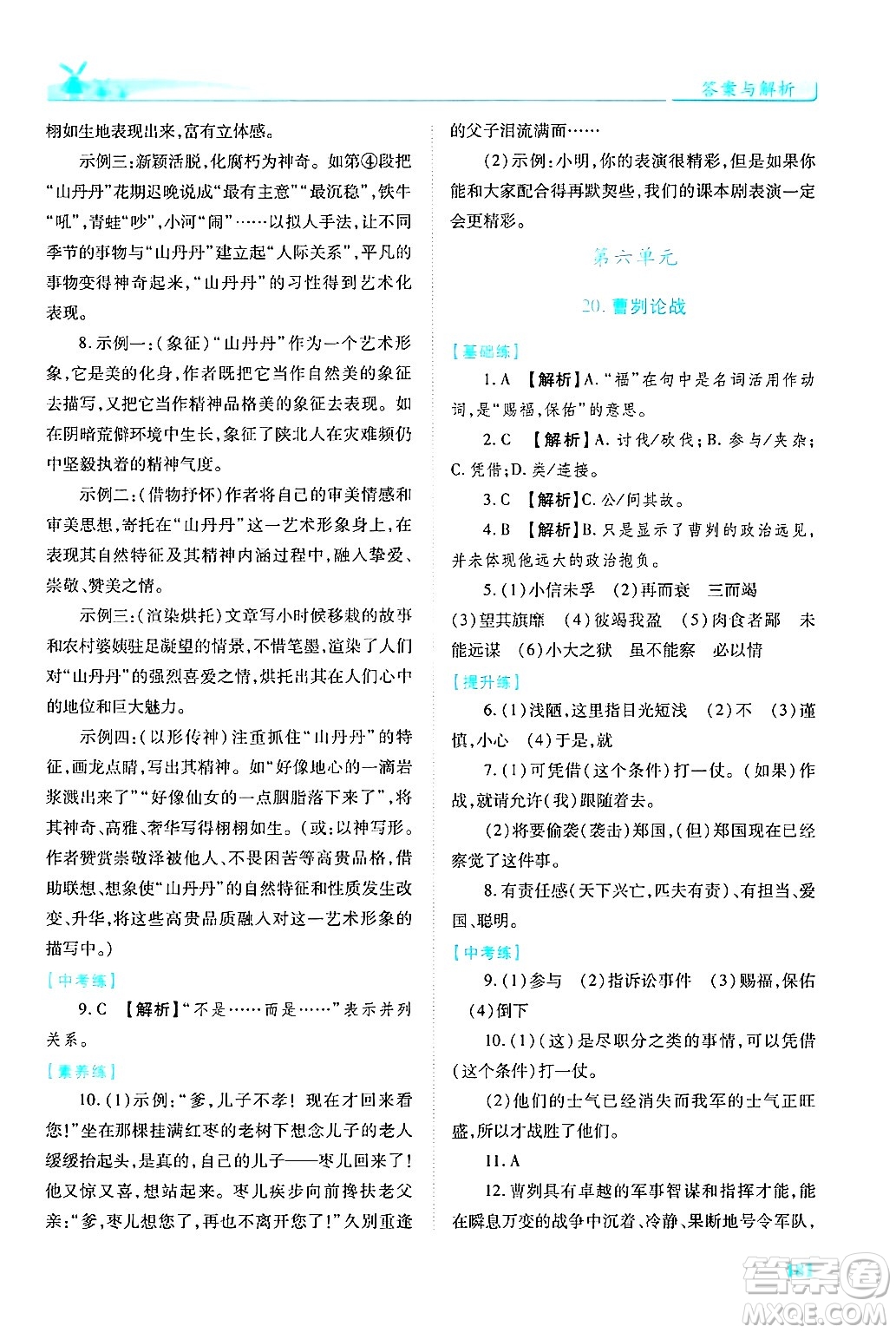 陜西師范大學出版總社有限公司2025年春績優(yōu)學案九年級語文下冊人教版答案