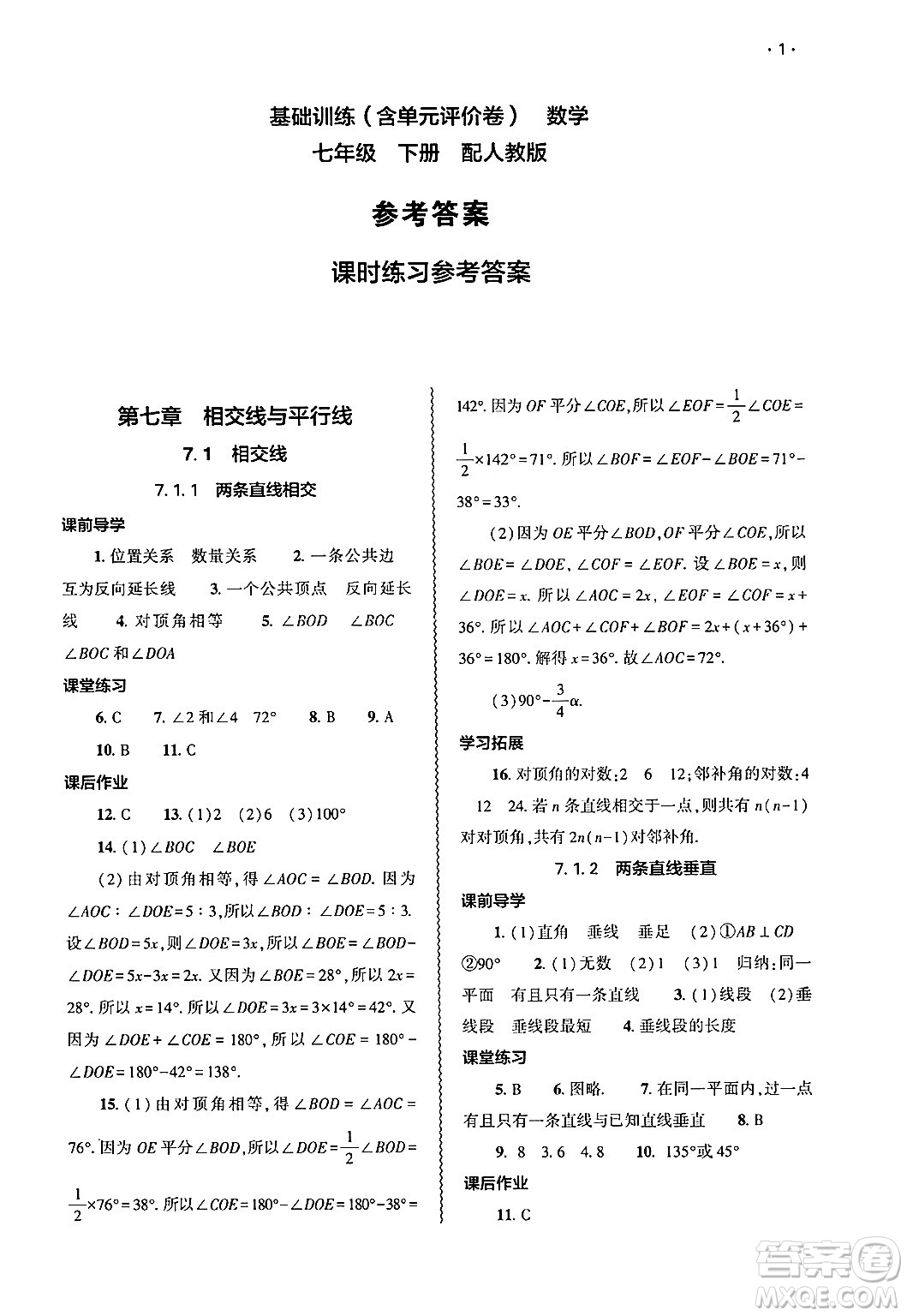大象出版社2025年春基礎(chǔ)訓(xùn)練七年級(jí)數(shù)學(xué)下冊(cè)人教版答案