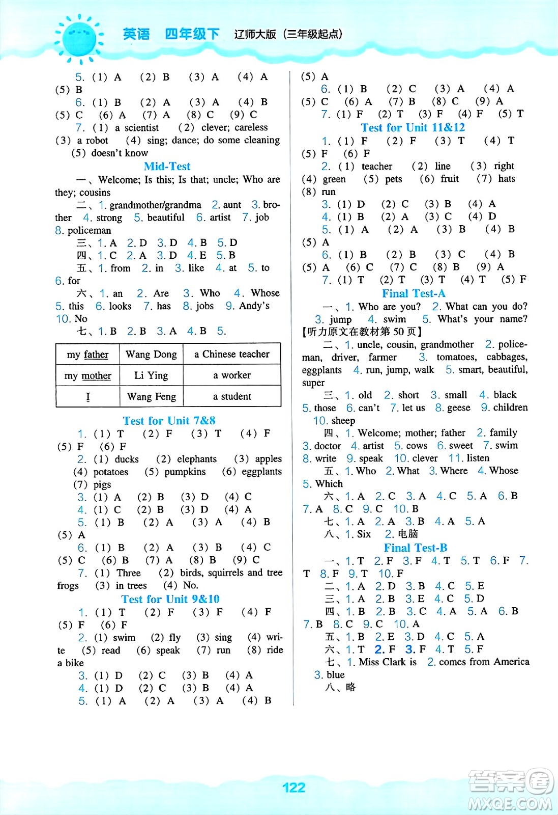 遼海出版社2025年春新課程能力培養(yǎng)四年級英語下冊遼師版三起點答案