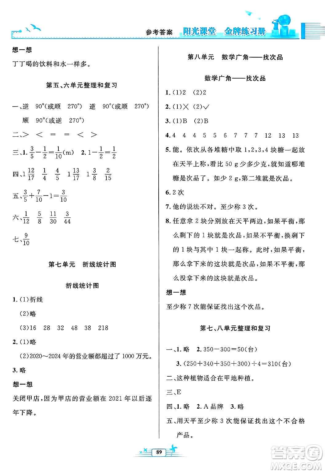 人民教育出版社2025年春陽光課堂金牌練習(xí)冊五年級數(shù)學(xué)下冊人教版答案