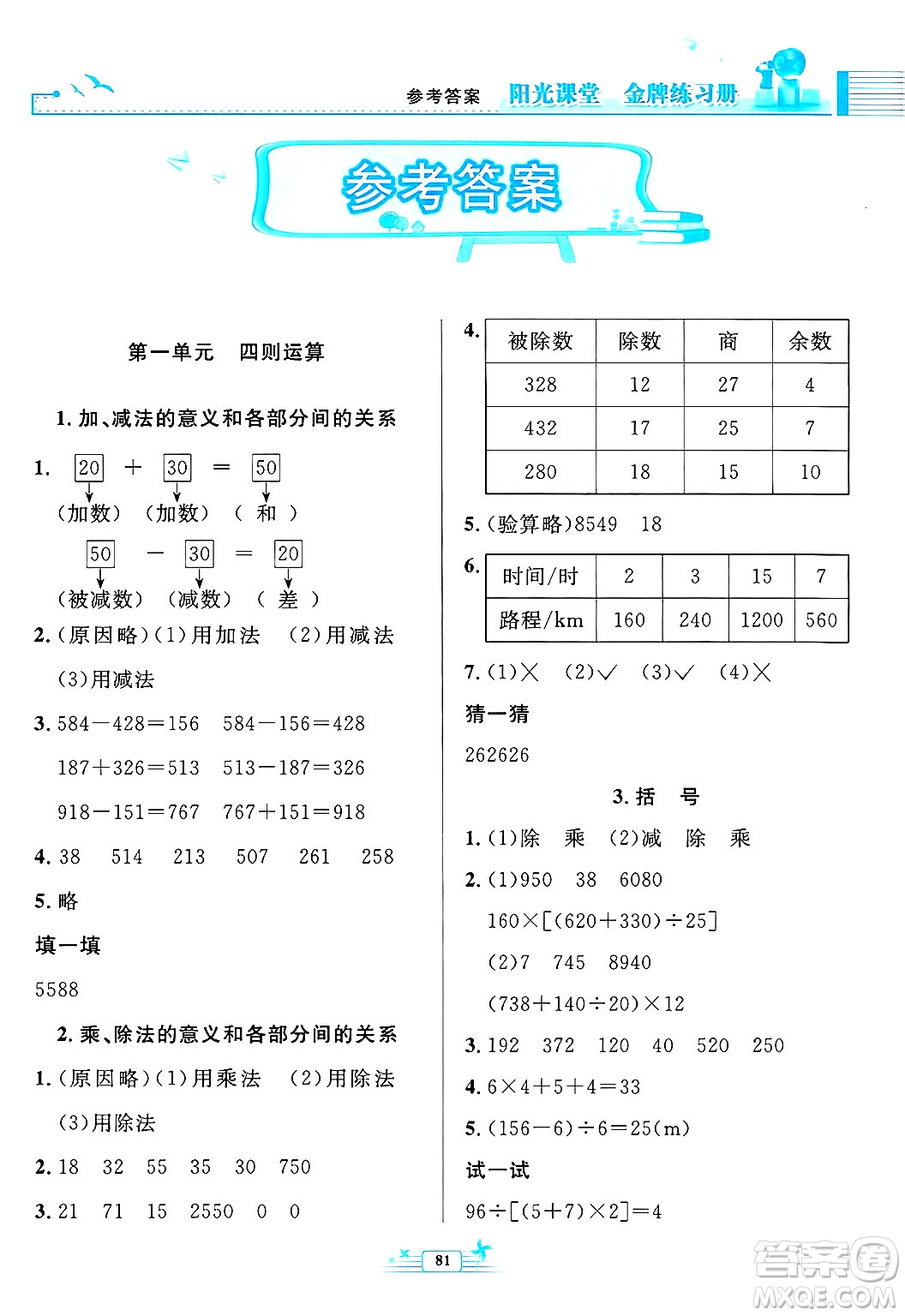 人民教育出版社2025年春陽光課堂金牌練習(xí)冊四年級數(shù)學(xué)下冊人教版答案