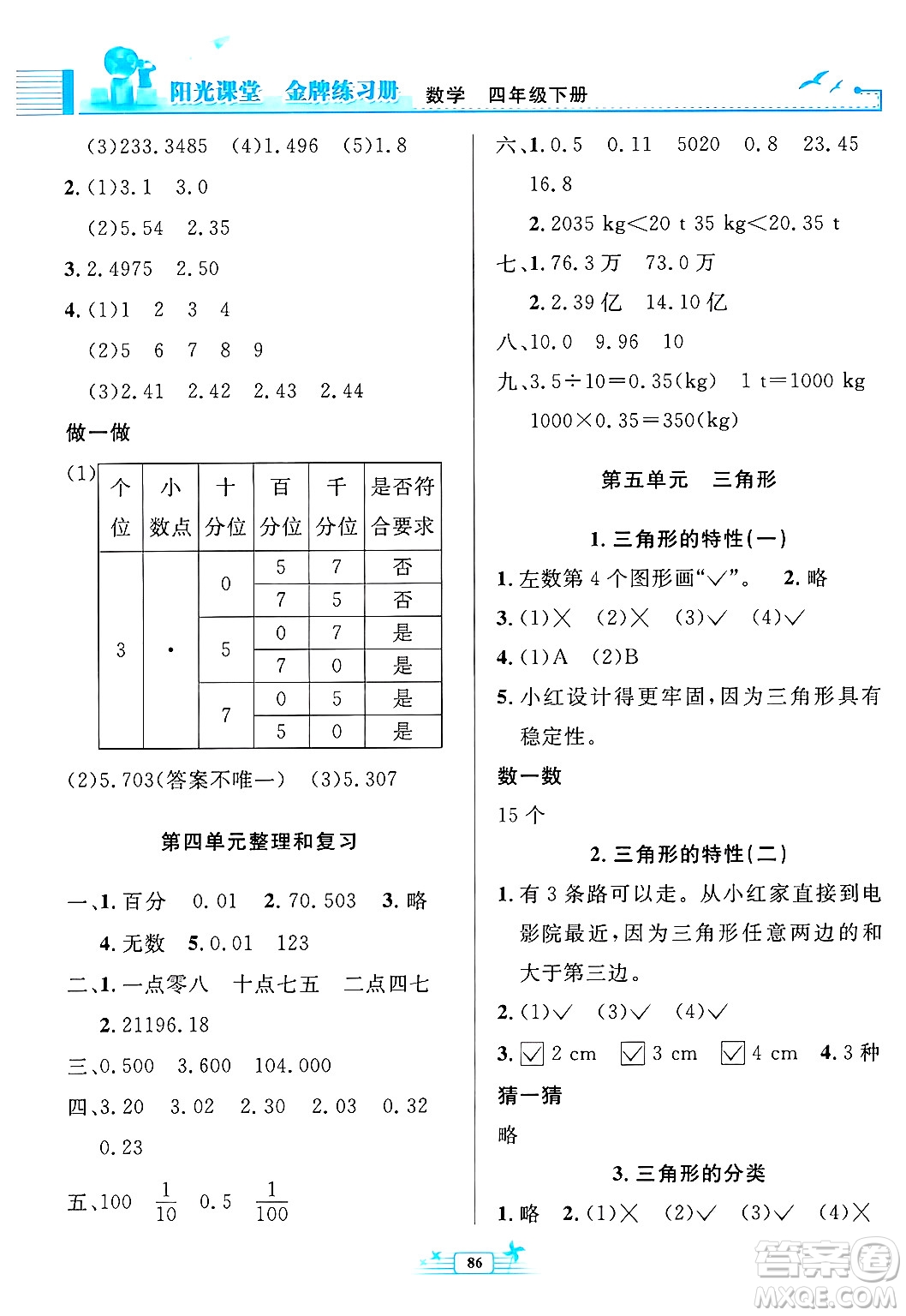 人民教育出版社2025年春陽光課堂金牌練習(xí)冊四年級數(shù)學(xué)下冊人教版答案