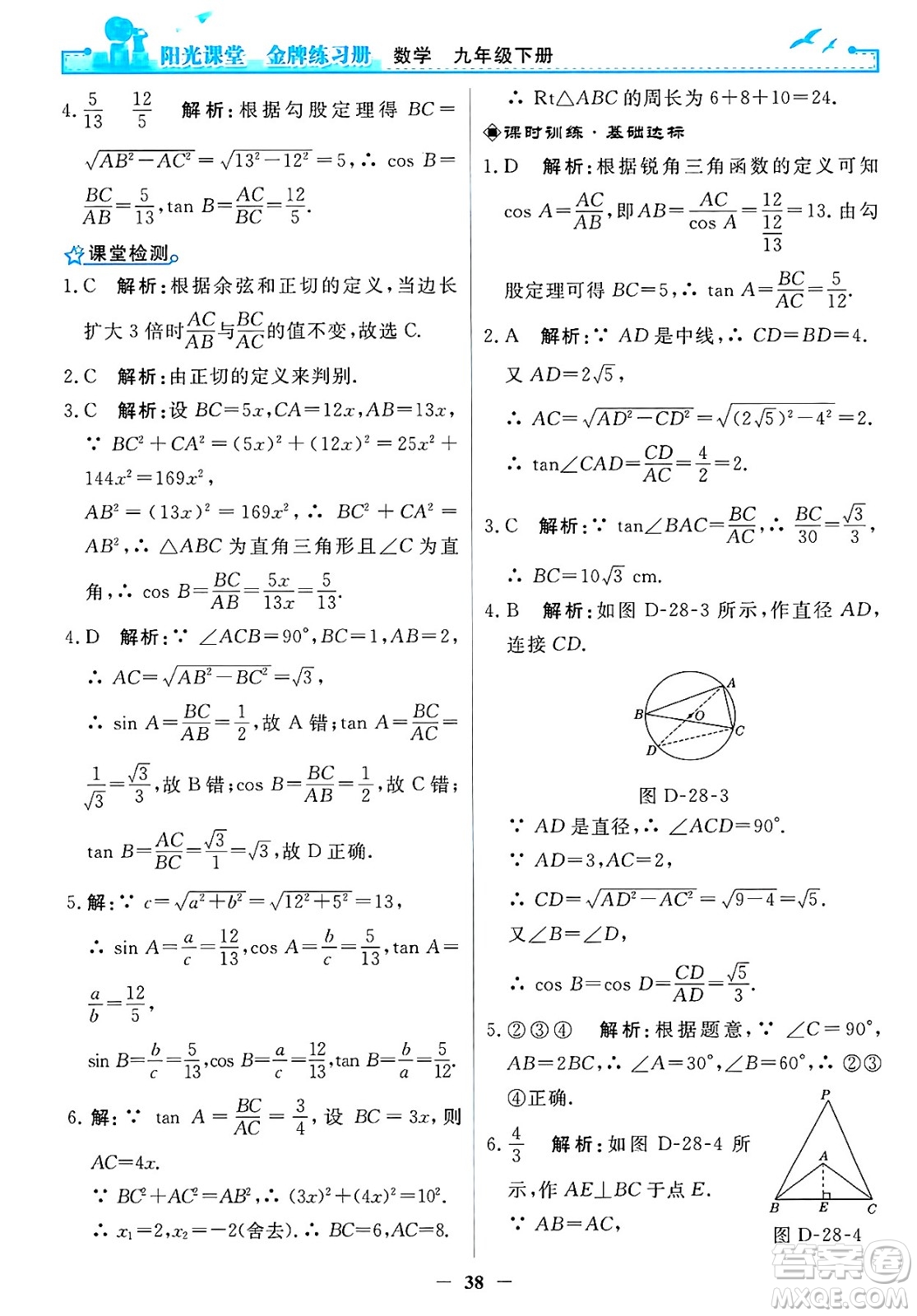人民教育出版社2025年春陽光課堂金牌練習(xí)冊(cè)九年級(jí)數(shù)學(xué)下冊(cè)人教版答案
