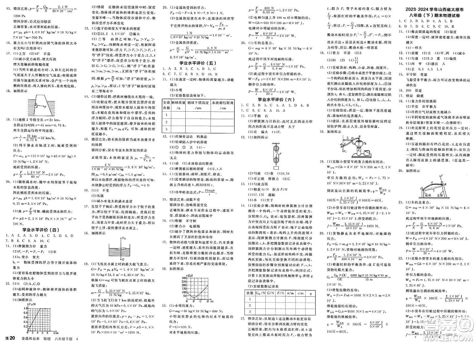 天津人民出版社2025年春全品作業(yè)本八年級物理下冊人教版山西專版答案
