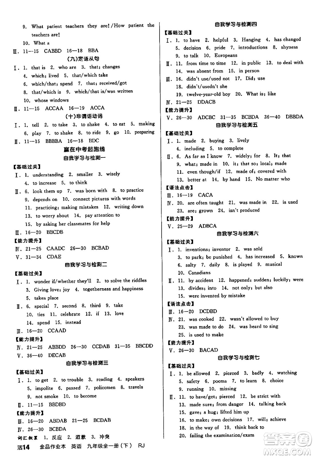 陽光出版社2025年春全品作業(yè)本九年級英語下冊人教版答案