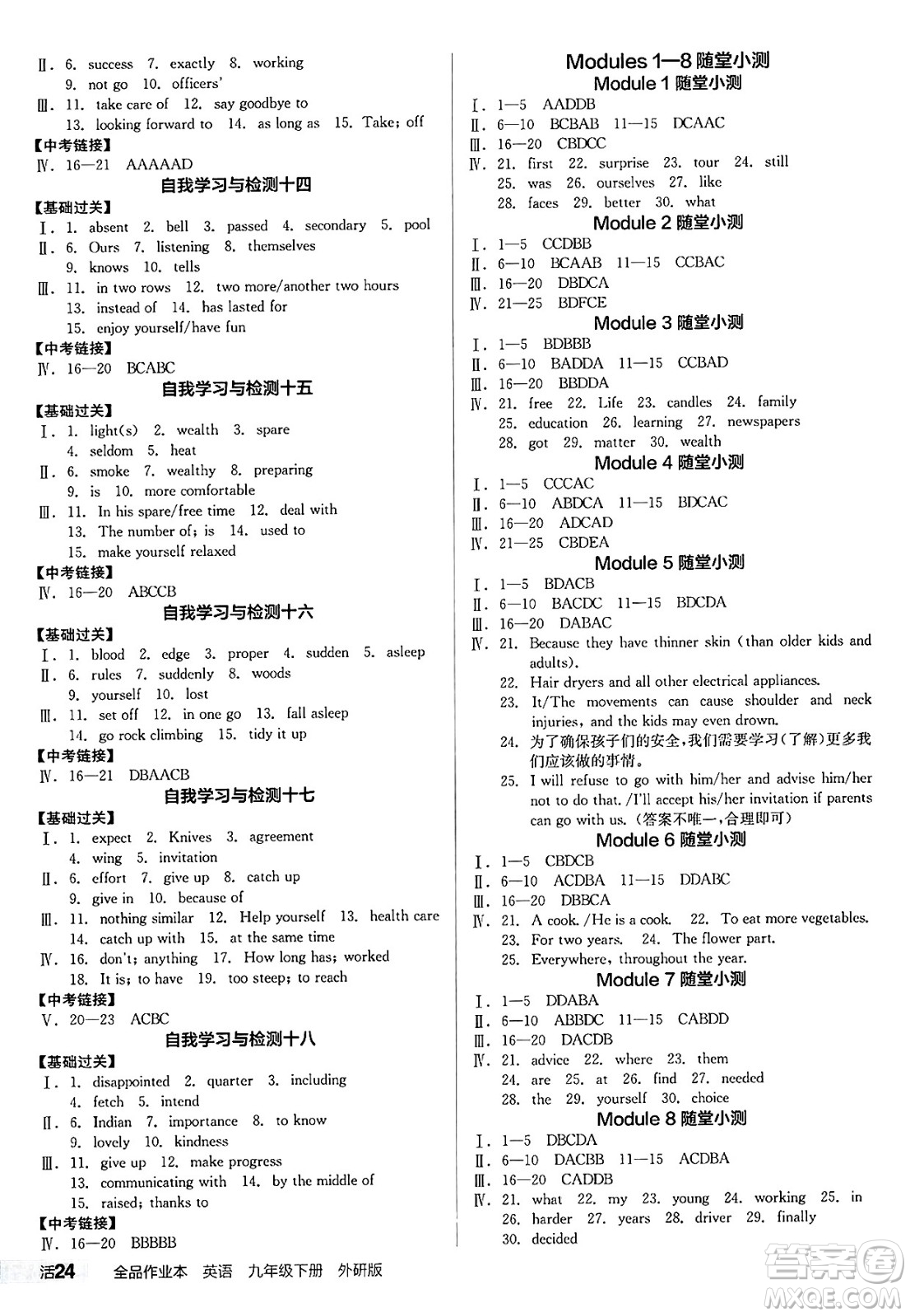 陽光出版社2025年春全品作業(yè)本九年級(jí)英語下冊(cè)外研版答案