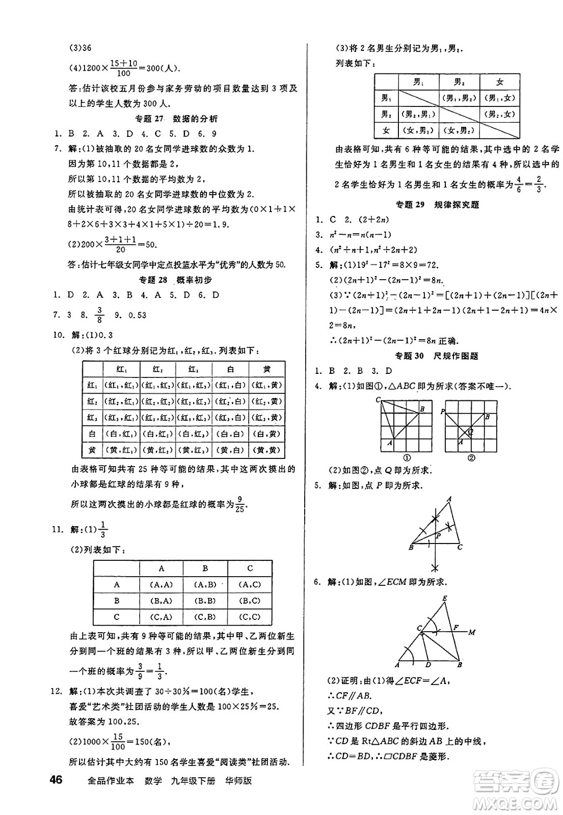 陽光出版社2025年春全品作業(yè)本九年級數(shù)學(xué)下冊華師版答案