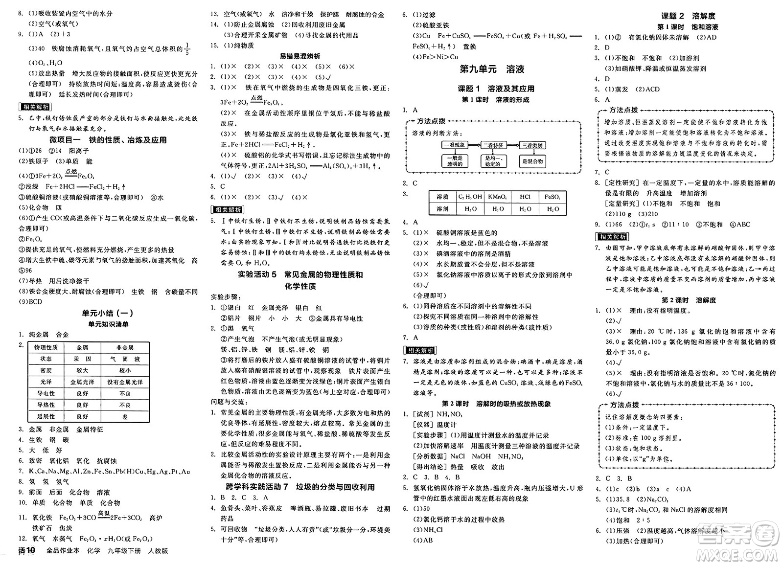陽光出版社2025年春全品作業(yè)本九年級化學下冊人教版答案