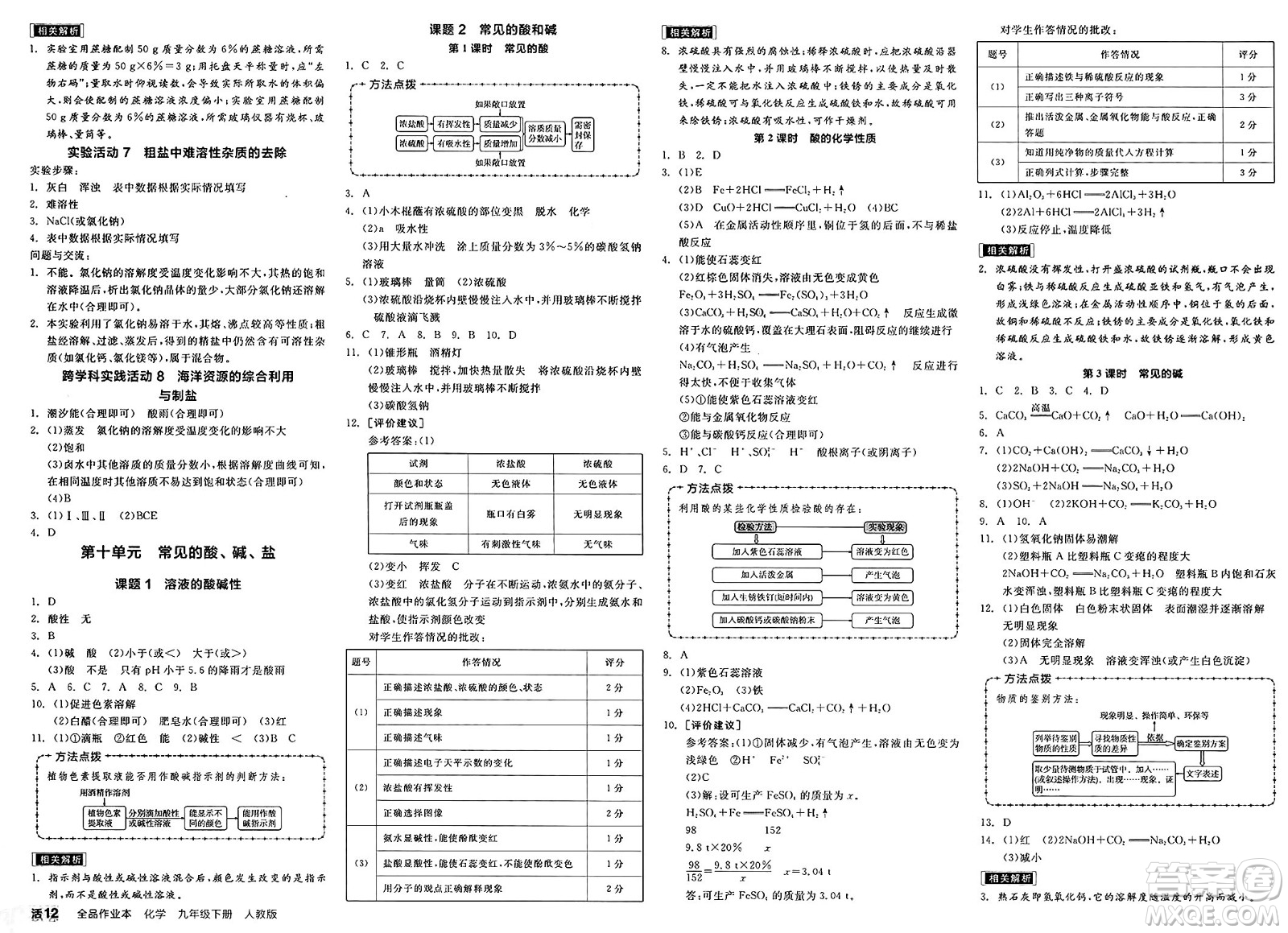陽光出版社2025年春全品作業(yè)本九年級化學下冊人教版答案