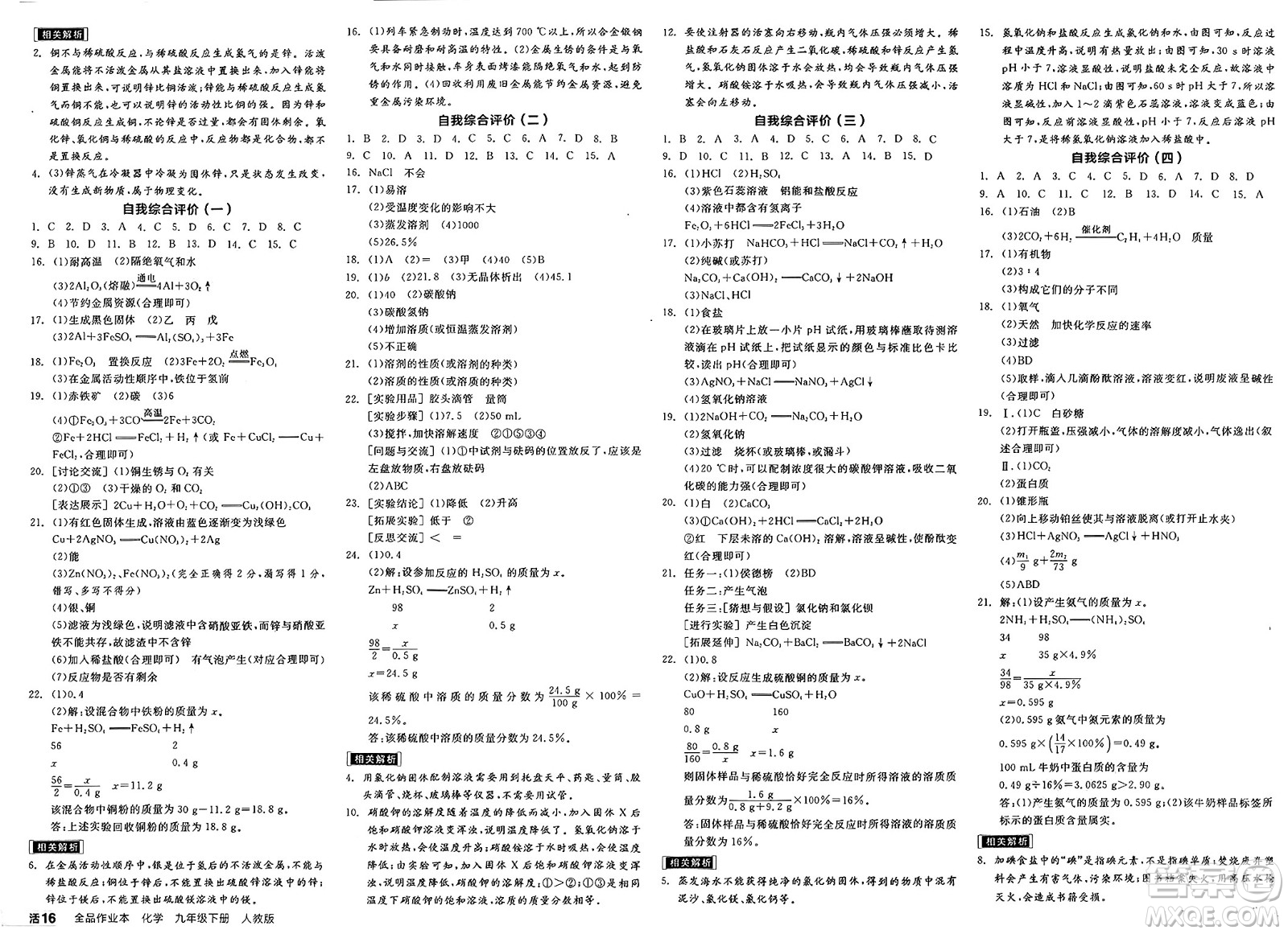 陽光出版社2025年春全品作業(yè)本九年級化學下冊人教版答案