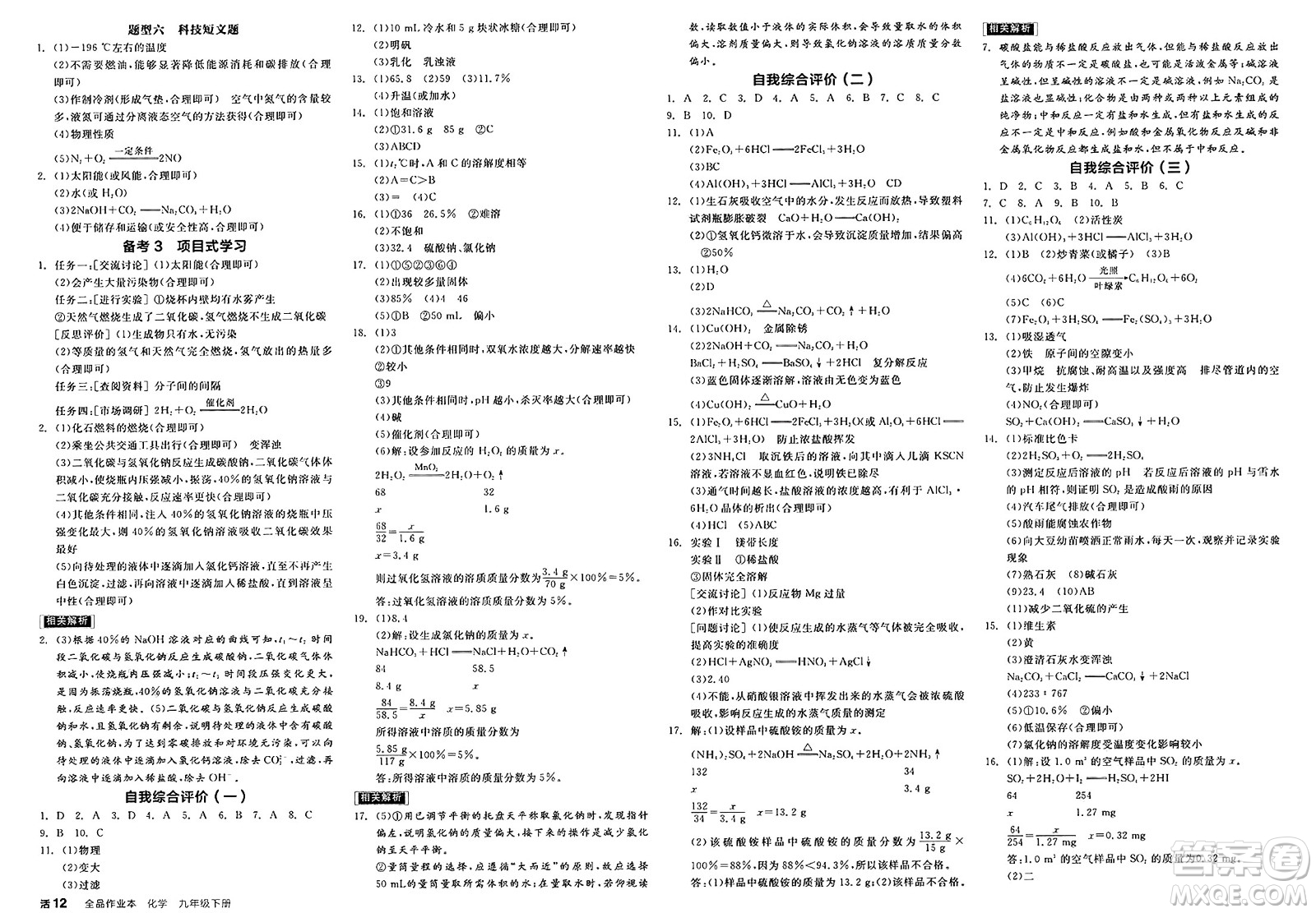 陽光出版社2025年春全品作業(yè)本九年級化學下冊人教版江蘇徐州版答案