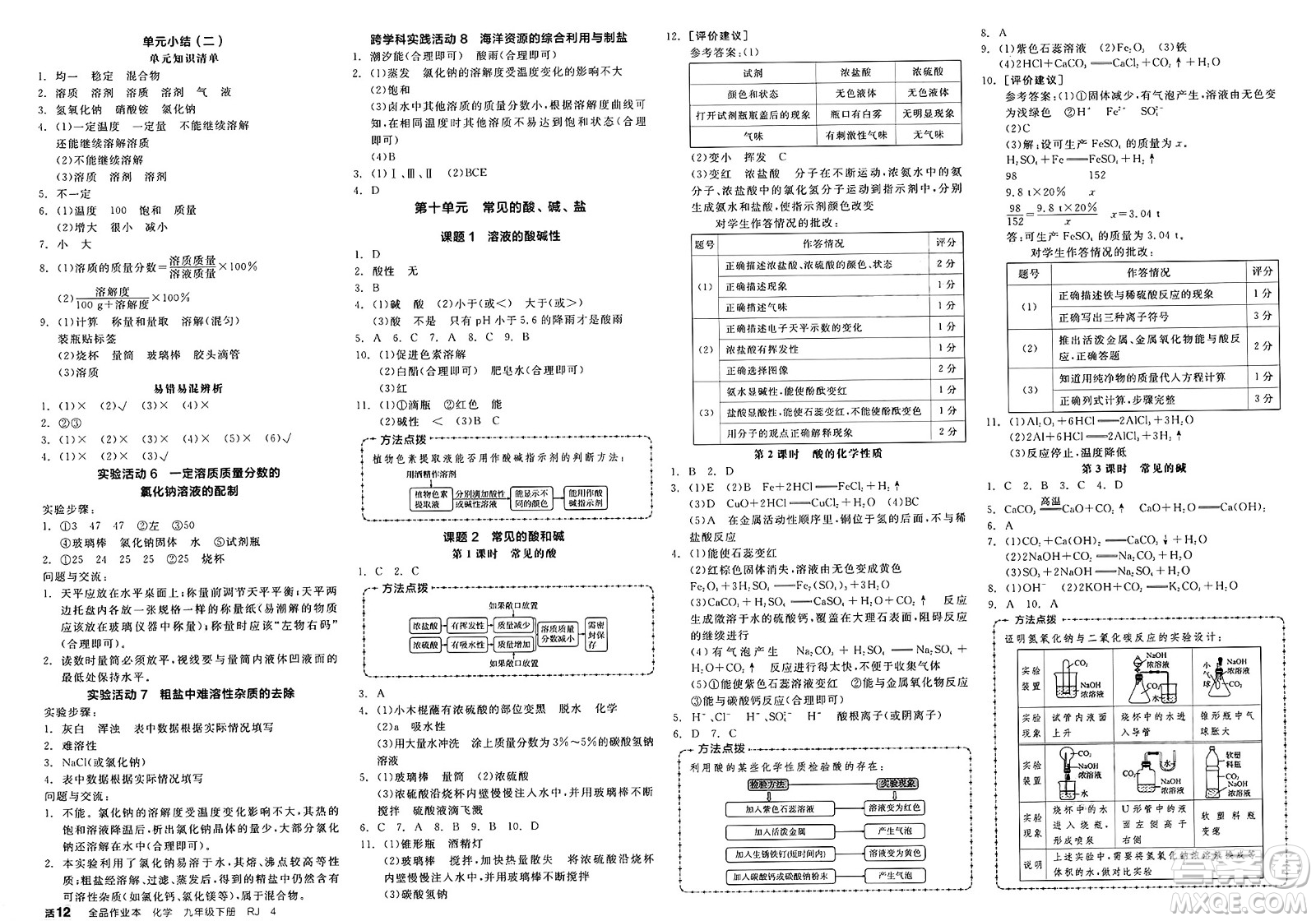 沈陽出版社2025年春全品作業(yè)本九年級化學下冊人教版河南專版答案