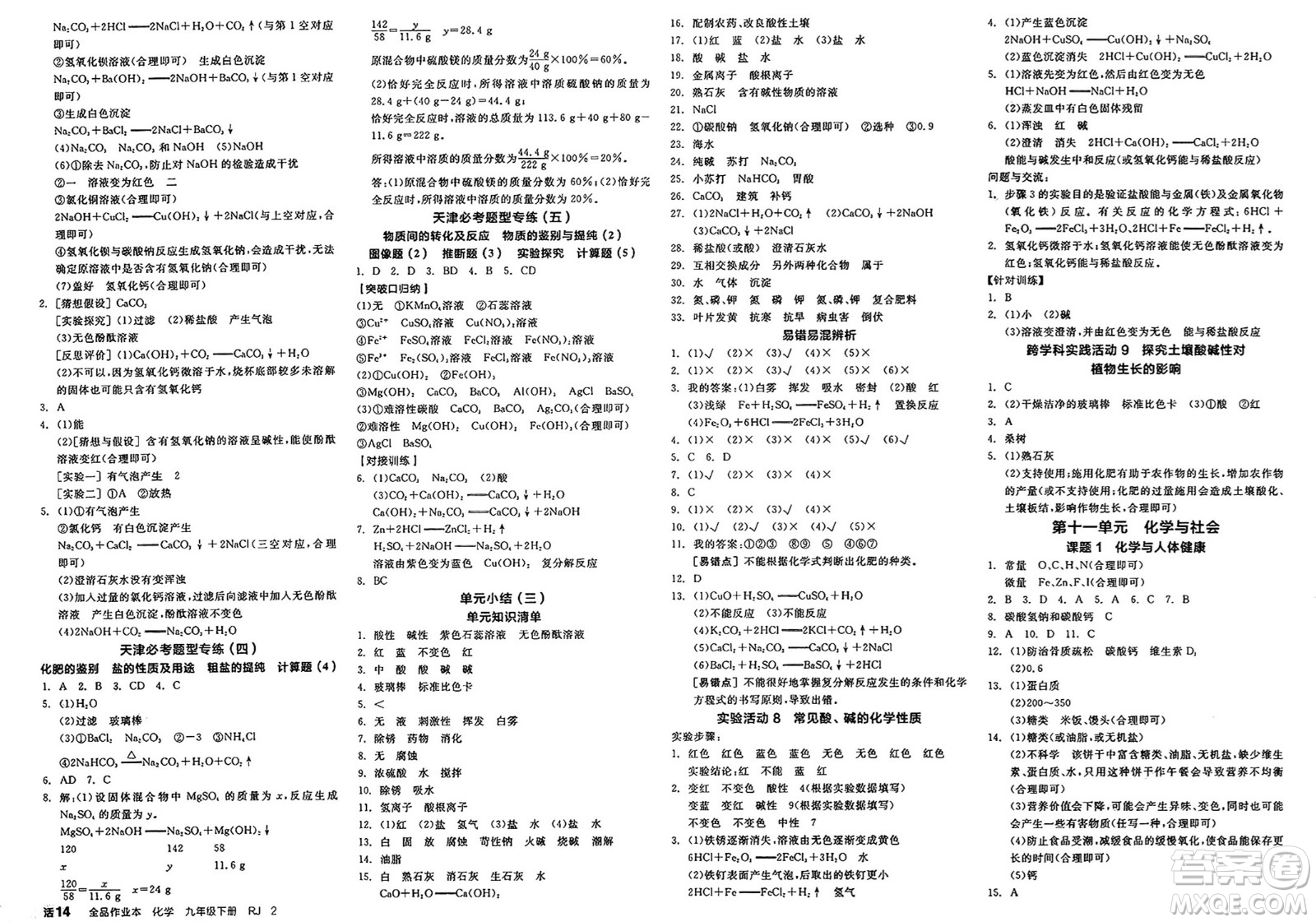 沈陽出版社2025年春全品作業(yè)本九年級化學下冊人教版天津專版答案